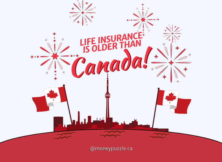 A cartoon picture of the Toronto shoreline, all in reds. There are also several red fireworks in the skyline. The title reads, "Life Insurance is Older than Canada!"